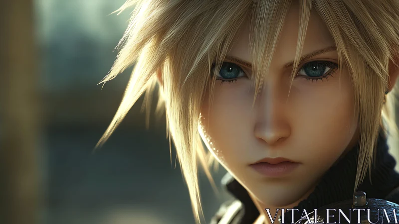 Intense blond warrior portrait in cinematic close-up detail.