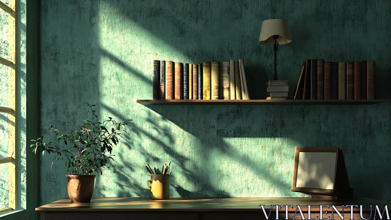 Sunlit study wall renders textured bookshelves in chiaroscuro