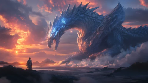 Twilight summit where crystal dragon bends toward lone pilgrim.