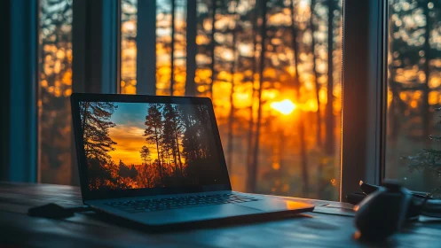 Laptop on wooden desk against forest sunset window reflection