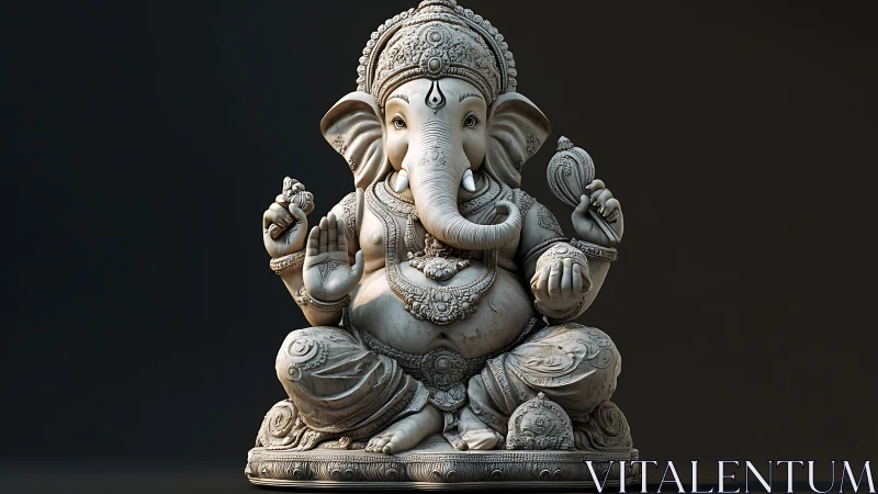 Ornate stone Ganesha seated in serene, blessing calm.