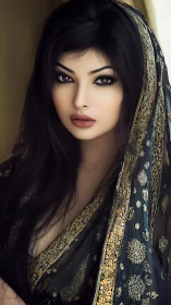 Elegant woman in ornate embroidered dupatta gazes calmly.