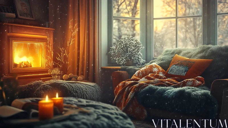 Cozy winter nook with glowing fire and inviting soft blankets.