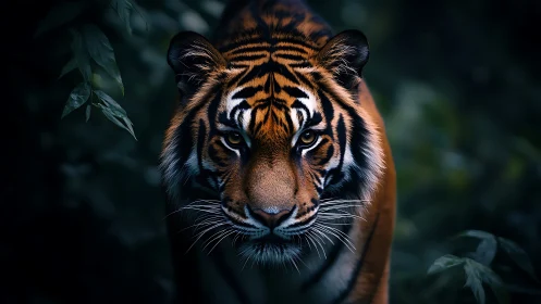 Low-key frontal tiger portrait with high-contrast chiaroscuro lighting