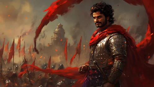 Fiery red banners crown a resolute warrior before battle.