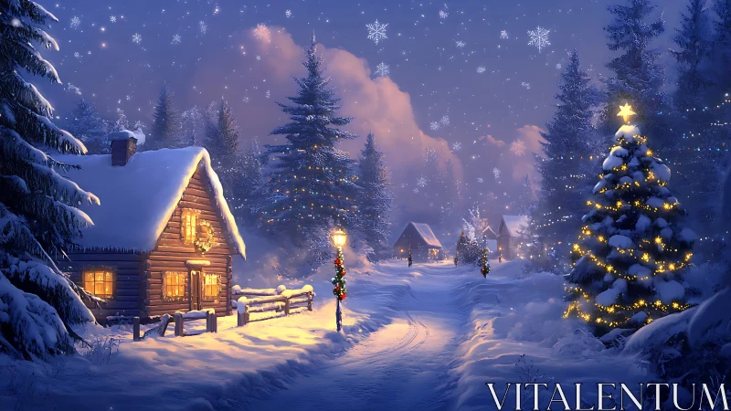 Snowy Christmas village glows under starlit winter sky.
