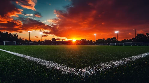 Sunset glows over empty soccer field and sharp white lines.