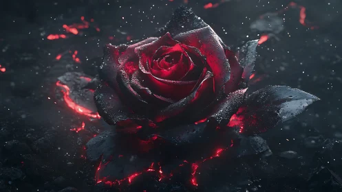 Volcanic-charred crimson rose amid incandescent embers.