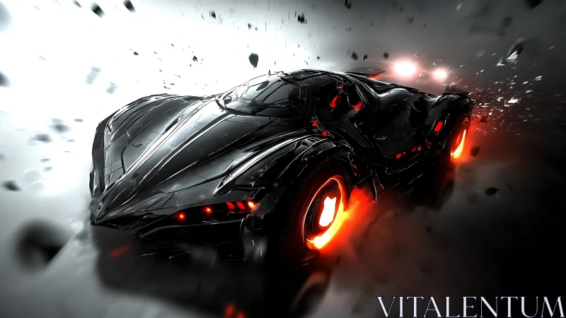 3D hypercar render with molten wheels and high-contrast motion blur.