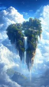 Floating Island with Cascading Waterfalls in Sky.