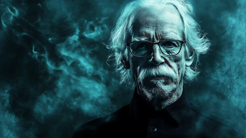 Cyan-lit aged scholar in atmospheric digital portraiture.