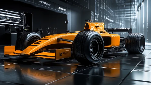 Sleek orange Formula car waits ready in a glossy tech garage