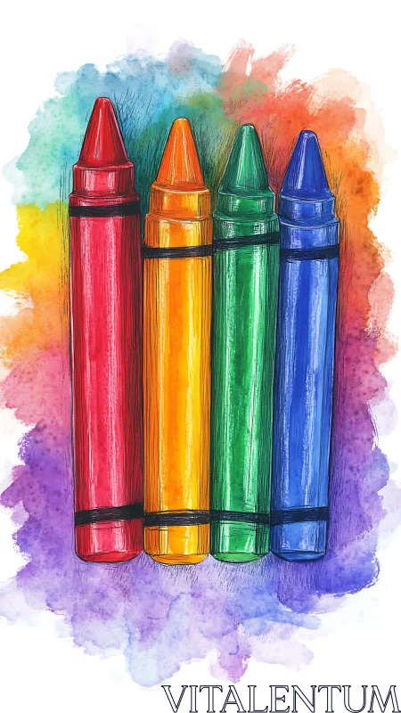 Vibrant crayon quartet on watercolor spectrum backdrop.