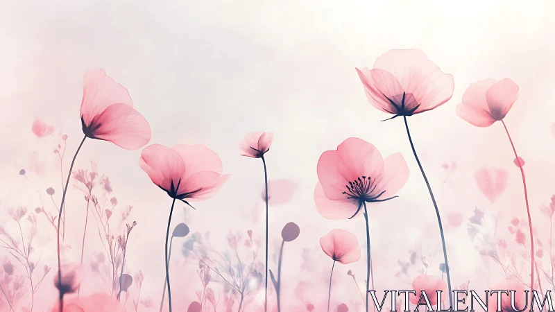 Soft-focus translucent pink poppies in high-key minimal field