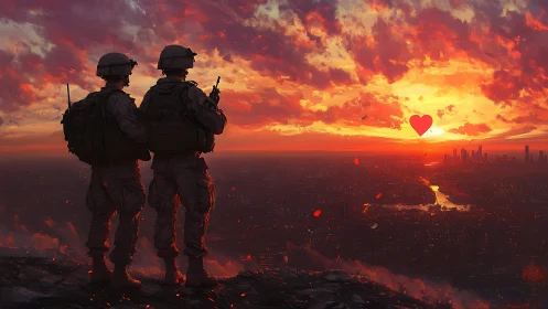 Two silhouetted soldiers observe burning cityscape at sunset.