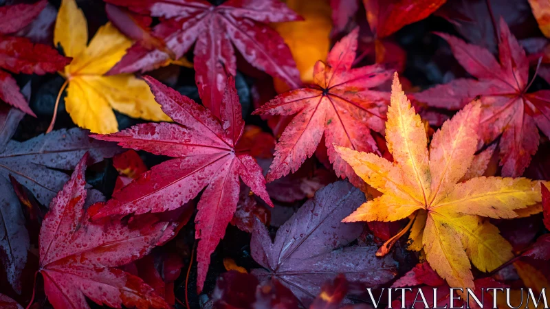 Wet maple foliage displays saturated autumn chromatic contrast
