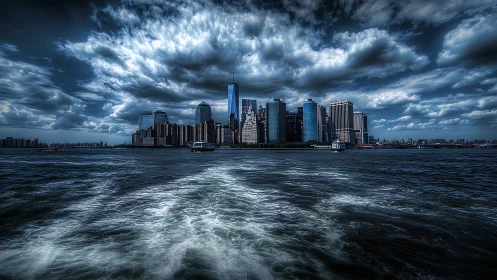 Manhattan Skyline Storm: Dramatic Urban Vista Beneath Turbulent Clouds