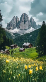 Alpine meadow chalets beneath glaciated dolomitic spires.