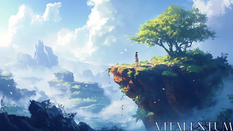 Solitary wanderer on sunlit floating cliff in vast sky realm.