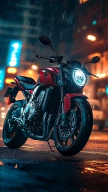 Red sport motorcycle stands on wet city street at night