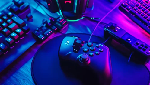 Gaming controller and peripherals under neon lighting.