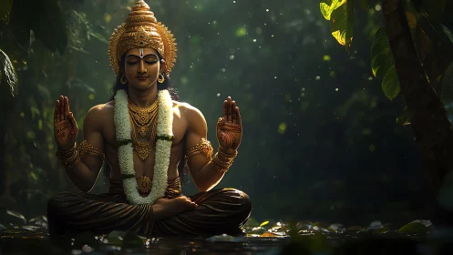 Divine meditative deity in sunlit jungle clearing stillness.