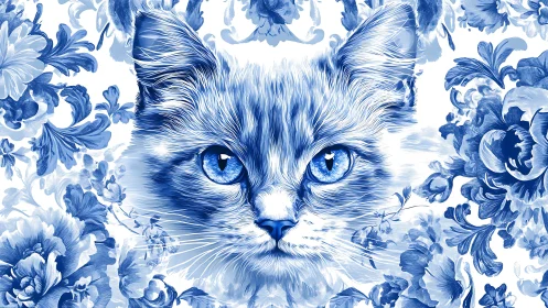 Blue and White Cat Portrait with Floral Background.
