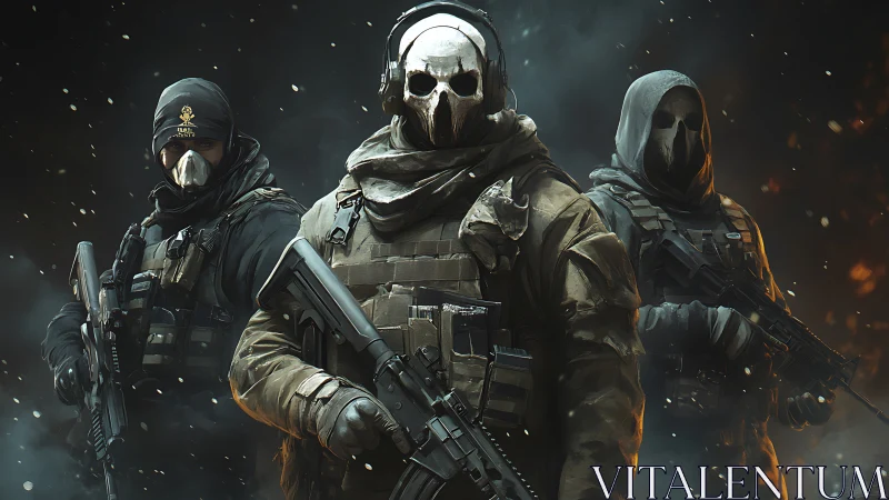 Masked tactical squad advances through burning battlefield mist