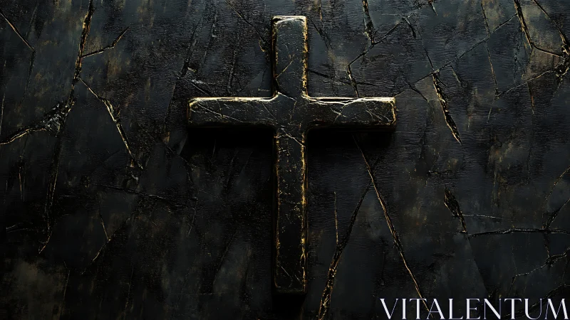 Weathered golden cross resting on deep cracked darkness.