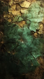 Cracked emerald and ochre wall surface forms textured strata