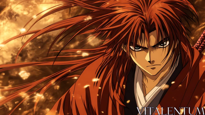 Fiery anime swordsman glares forward in blazing embers