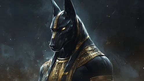 Egyptian jackal-headed deity in gilded ceremonial armor.