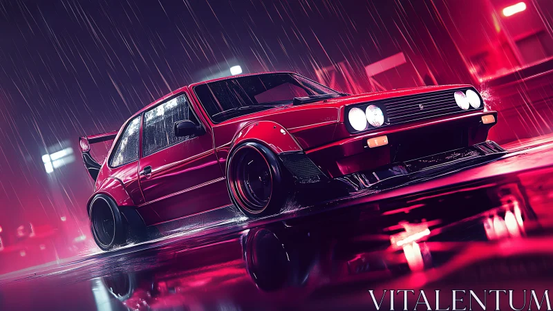 Neon rain turns a retro tuner hatchback into street lightning