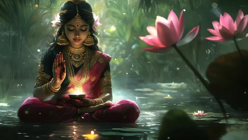 Luminescent lotus ritual with jeweled deity figure in water.