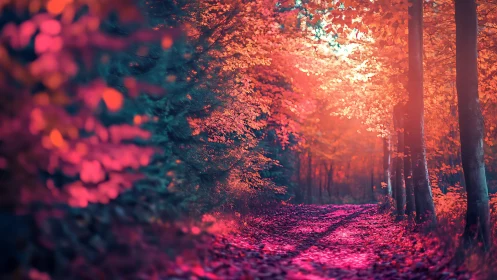 Forest pathway with autumn foliage under warm illumination.