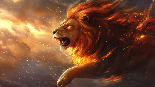 Fiery lion head roars as its mane turns into blazing flames