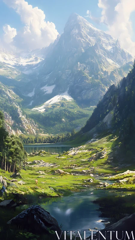 Vertical alpine valley with glacial lake and towering sunlit peak