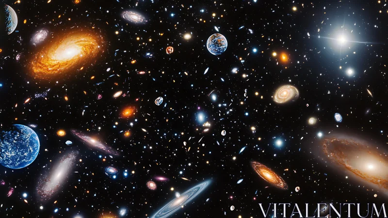 Expansive multiverse sky with luminous galaxies and planets.