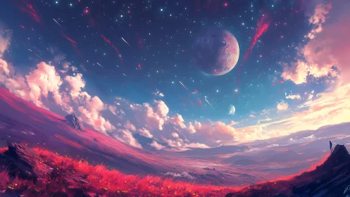 Vivid alien landscape under starry sky and twin moons.