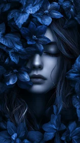 Nocturnal portrait immersed in deep blue floral canopy.