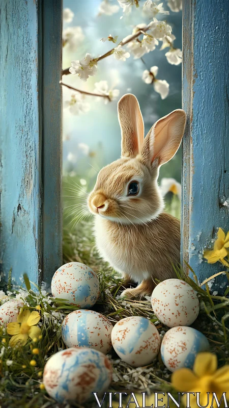 Springtime bunny sentinel amid painted meadow eggs. Period.
