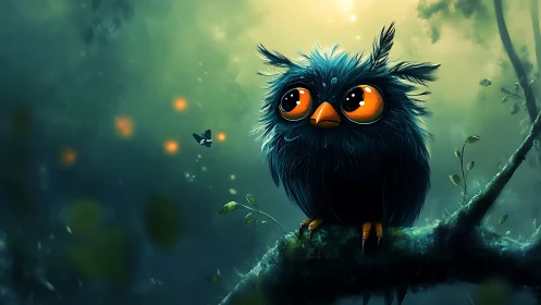 Bioluminescent forest perches stylized owl with oversized specular eyes
