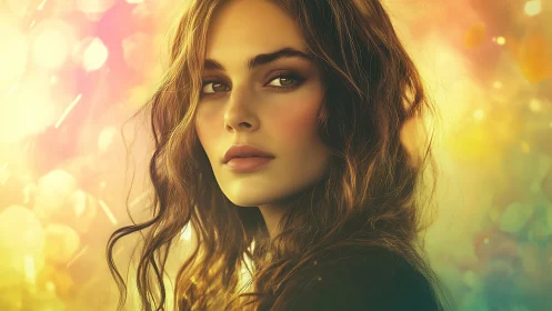 Golden bokeh portrait highlights luminous flowing hair.