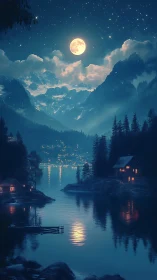 Moonlit lake valley with distant town and mountain range.