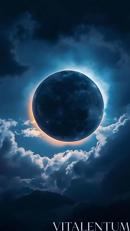 Lunar eclipse sphere framed by luminous nocturnal clouds.