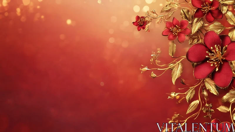 Red flowers with gold foliage arranged on warm gradient background