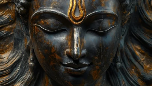 Bronze deity face sculpture with serene meditative expression.