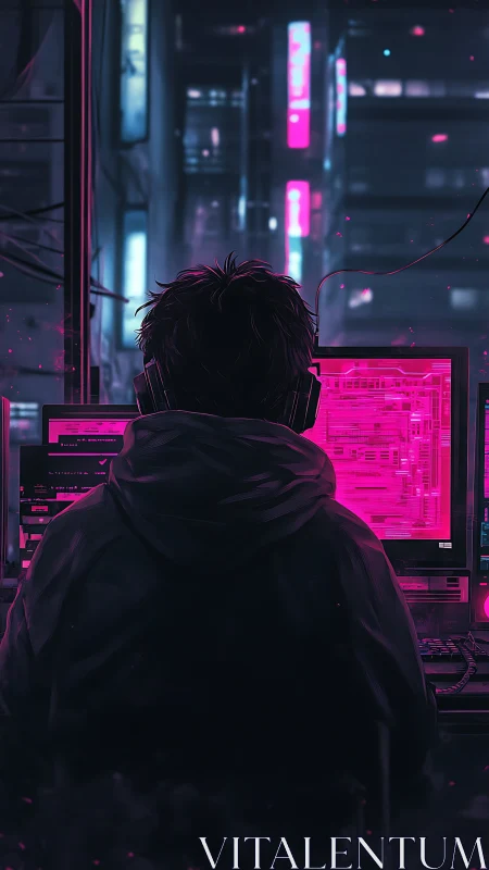 Cyberpunk workstation interior with neon-lit hacker silhouette.