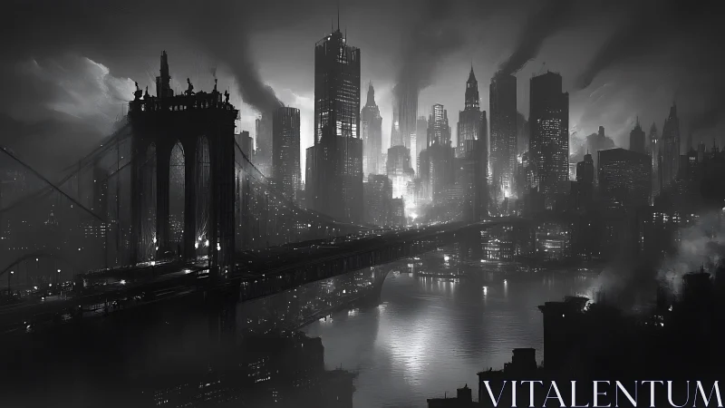 Monochrome industrial megacity skyline with bridge arteries.