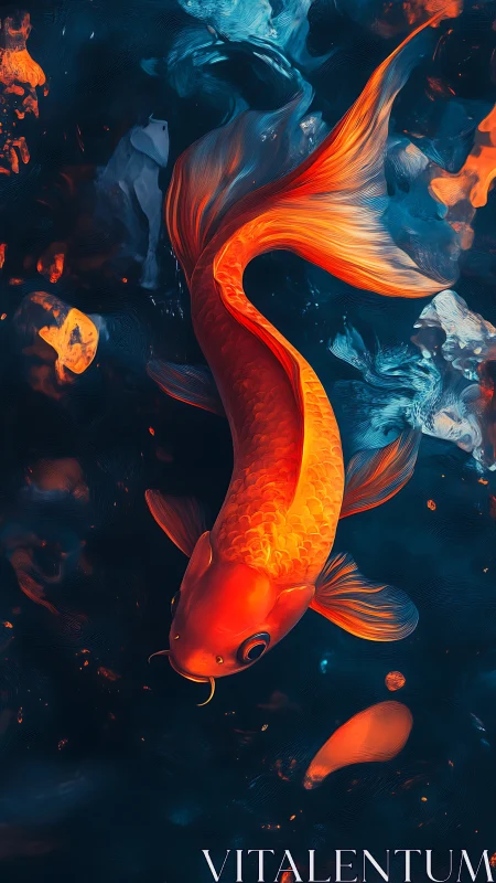 Orange koi fish in dark blue water with abstract light.